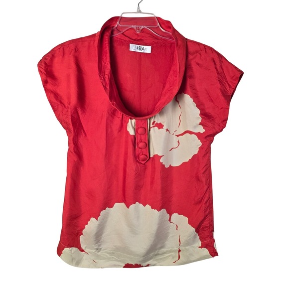 Tibi New York 100% Silk Red Floral Cowl Neck Blouse Top Button Front Size‎ - Picture 2 of 6